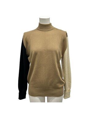 Chanel Long Sleeve Sweater 2 M Light Brown Black Ivory Clover Button Cashmere